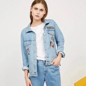 Bershka Denim Jean Jacket Vintage Inspired Style Patches Cactus Watermelon: XS